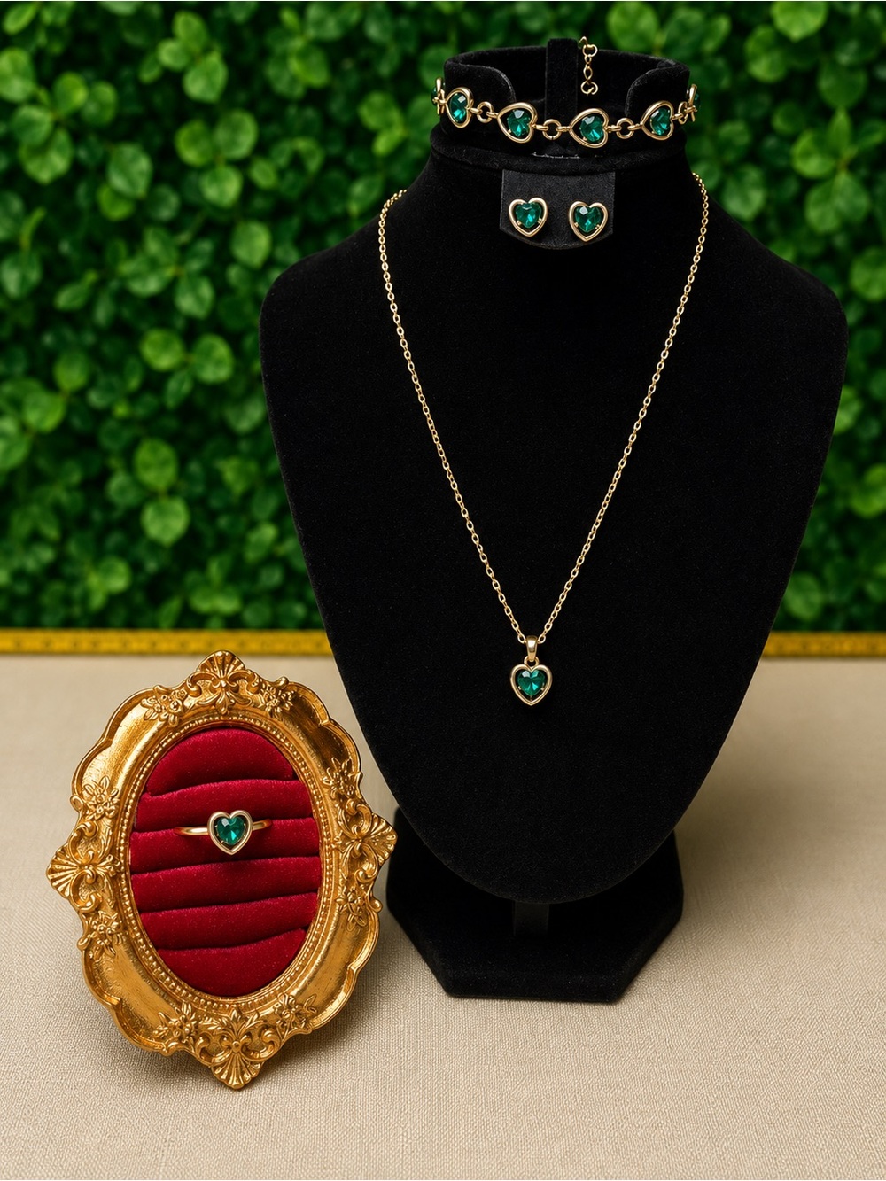 Gold Heart Emerald Pendant Necklace and Earring Set - Green
